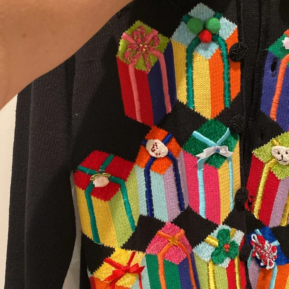 Berek Christmas Sweater.  Fringe around neck.  Presents on front‎ of sweater. - Picture 4 of 8